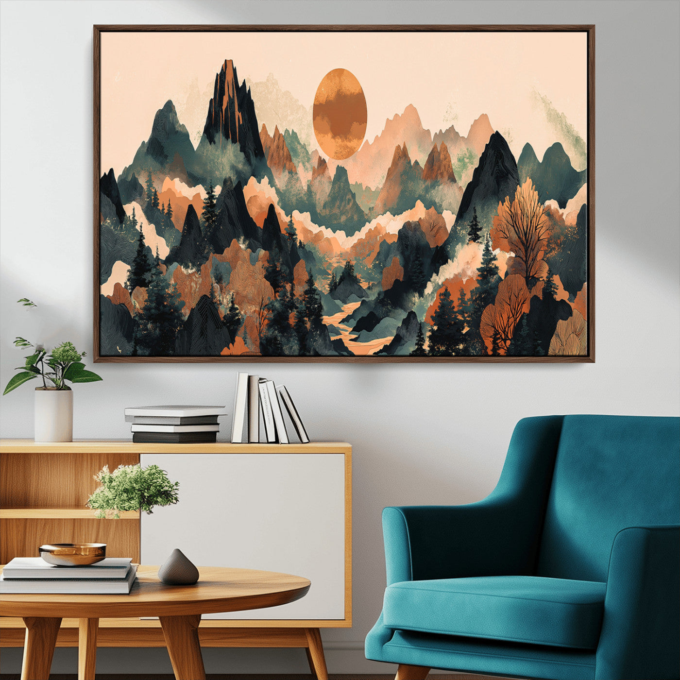 13012770-MGV-CV-36X24-Mountain Landscape Wall Art – Modern Nature Canvas Print with Sun, Misty Peaks, and Forest in Orange and Green Tones for Living