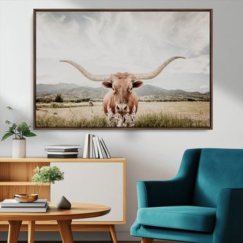 80054319-MGV-CV-36X24-Longhorn Wall Art – Rustic Western Canvas Print, Majestic Bull Artwork for Farmhouse, Ranch or Living Room