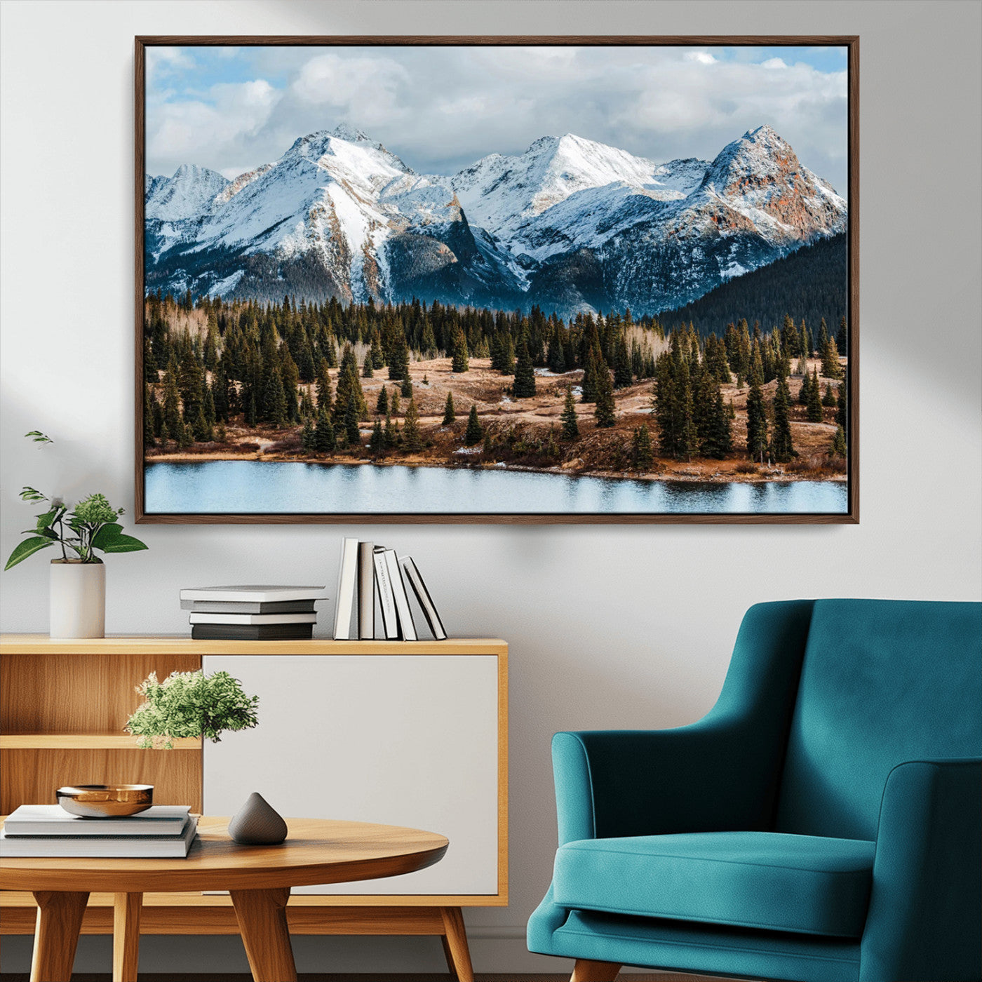 36247746-MGV-CV-36X24-Snowy Peaks Wall Art Canvas Print, Framed Alpine Lake Art Picture Print, Pine Forest Perfect Alpine Wilderness Decor Artwork
