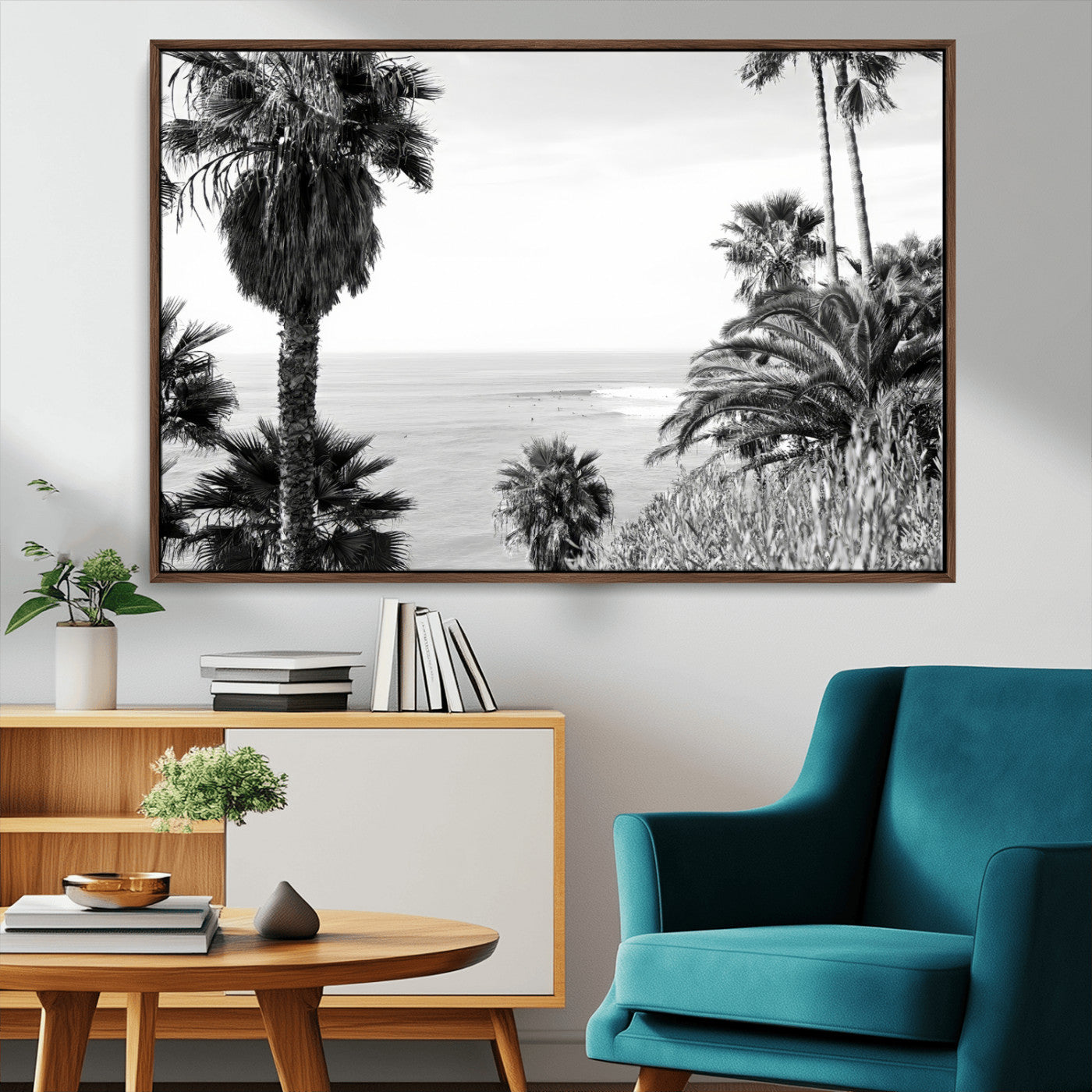 89458520-MGV-CV-36X24-Palm Trees Wall Art Canvas Print, Framed Coastal View Art Picture Print, Ocean Horizon Perfect Monochrome Coast Decor Artwork