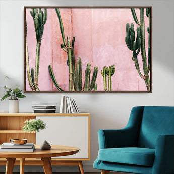 93119502-MGV-CV-36X24-Tall Cactus Wall Art Canvas Print, Framed Pink Wall Art Picture Print, Cactus Lines Perfect Modern Desert Decor Artwork