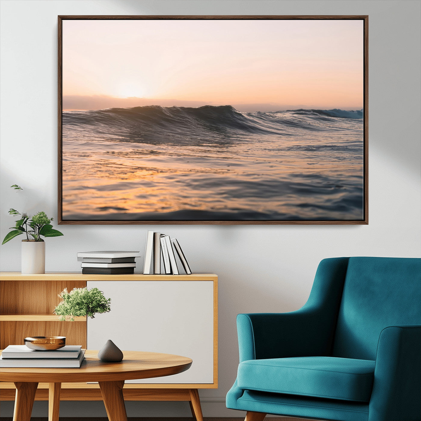 46299358-MGV-CV-36X24-Sunset Waves Wall Art Canvas Print, Framed Ocean Horizon Art Picture Print, Golden Water Perfect Golden Hour Coastal Decor Artwork
