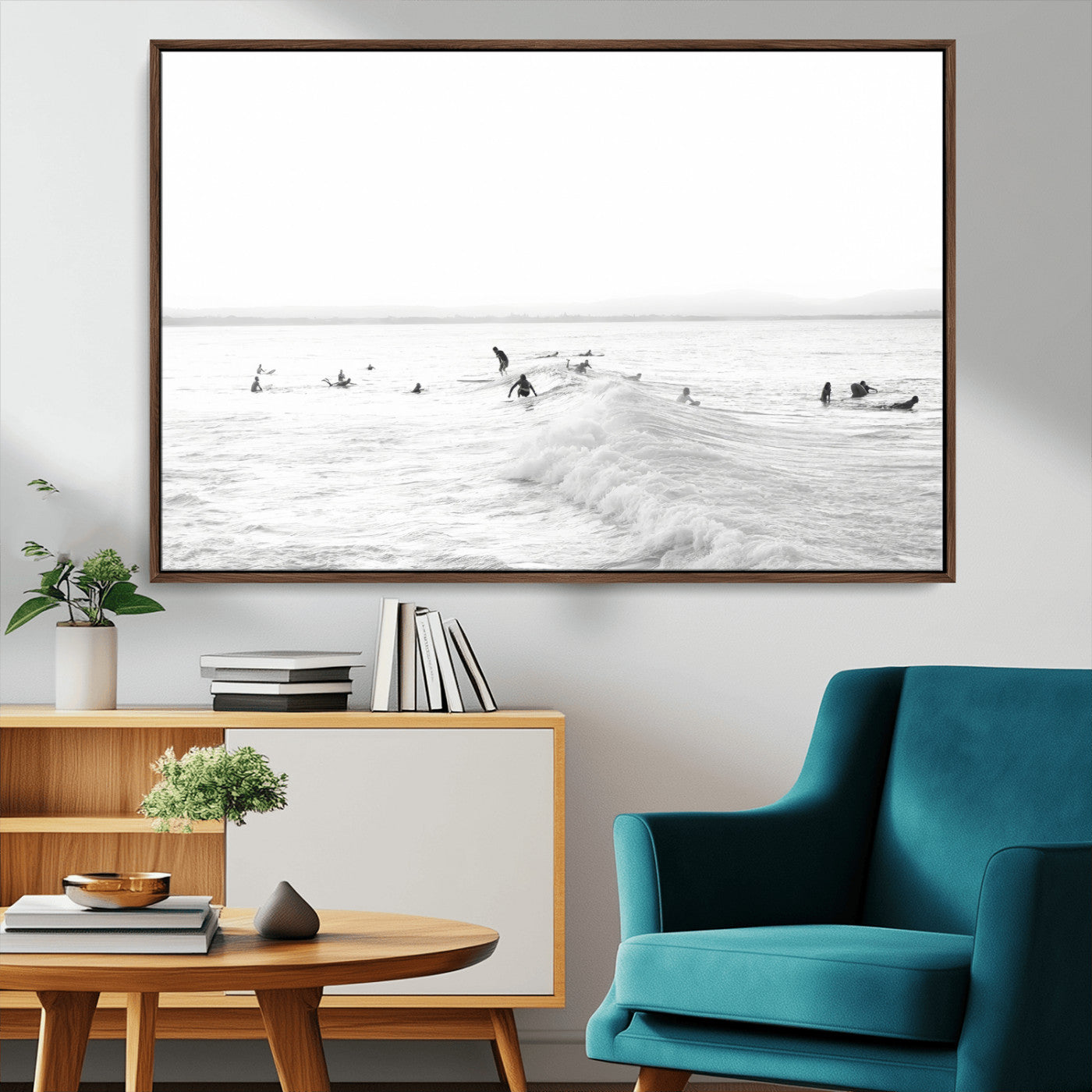33449548-MGV-FC-36X24_Walnut-Group Surfers Wall Art Canvas Print, Framed Ocean Wave Art Picture Print, Surf Crowd Perfect Monochrome Surf Decor Artwork