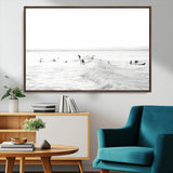 33449548-MGV-CV-36X24-Group Surfers Wall Art Canvas Print, Framed Ocean Wave Art Picture Print, Surf Crowd Perfect Monochrome Surf Decor Artwork