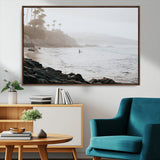 62501405-MGV-CV-36X24-Misty Beach Wall Art Canvas Print, Framed California Surfer Art Picture Print, Coastal Cliff Perfect Coastal Beach Decor Artwork