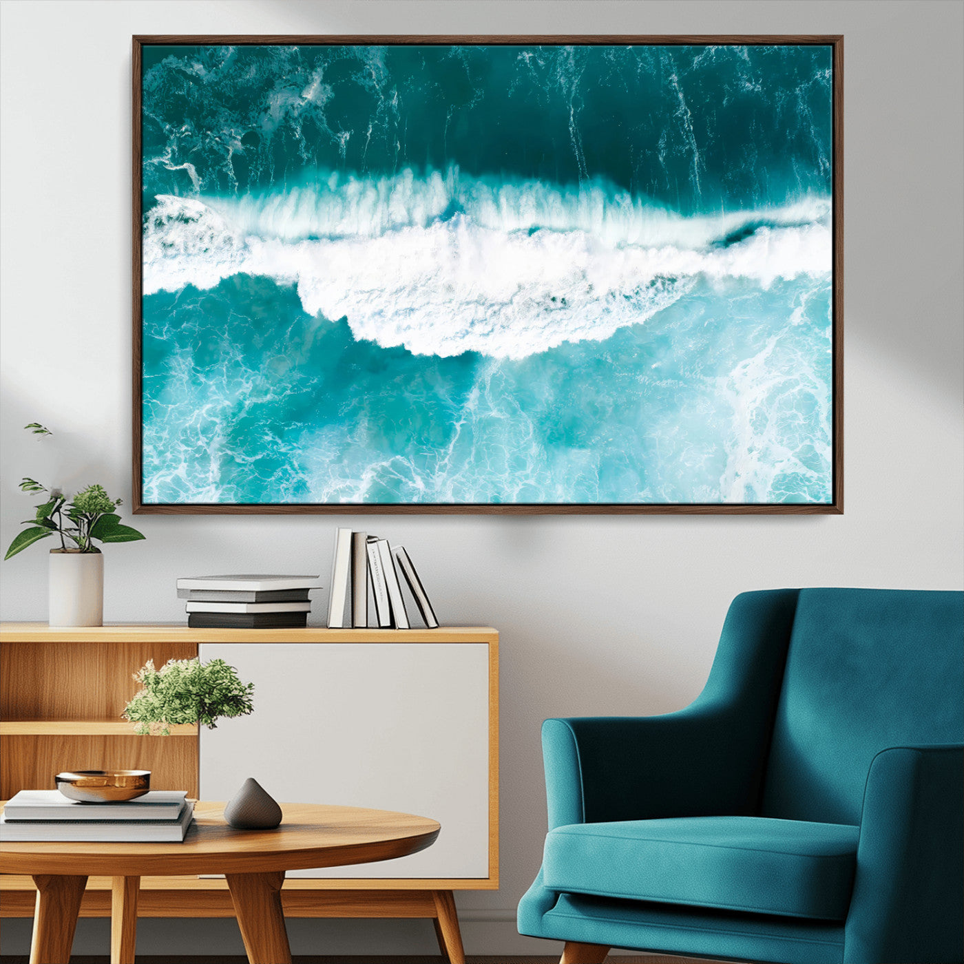 23828594-MGV-FC-36X24_Walnut-Aerial Waves Wall Art Canvas Print, Framed Ocean Break Art Picture Print, Sea Foam Perfect Tropical Coastal Decor Artwork