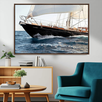 97168626-MGV-CV-36X24-Sailing Yacht Wall Art Canvas Print, Framed Wooden Yacht Art Picture Print, Ocean Waves Perfect Nautical Coastal Decor Artwork
