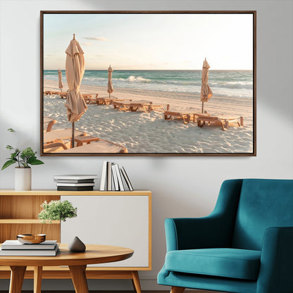 58507949-MGV-FC-36X24_Walnut-Beach Umbrellas Wall Art Canvas Print, Framed Empty Loungers Art Picture Print, Soft Sand Perfect Minimalist Seaside Decor Artwork