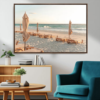 58507949-MGV-CV-36X24-Beach Umbrellas Wall Art Canvas Print, Framed Empty Loungers Art Picture Print, Soft Sand Perfect Minimalist Seaside Decor Artwork