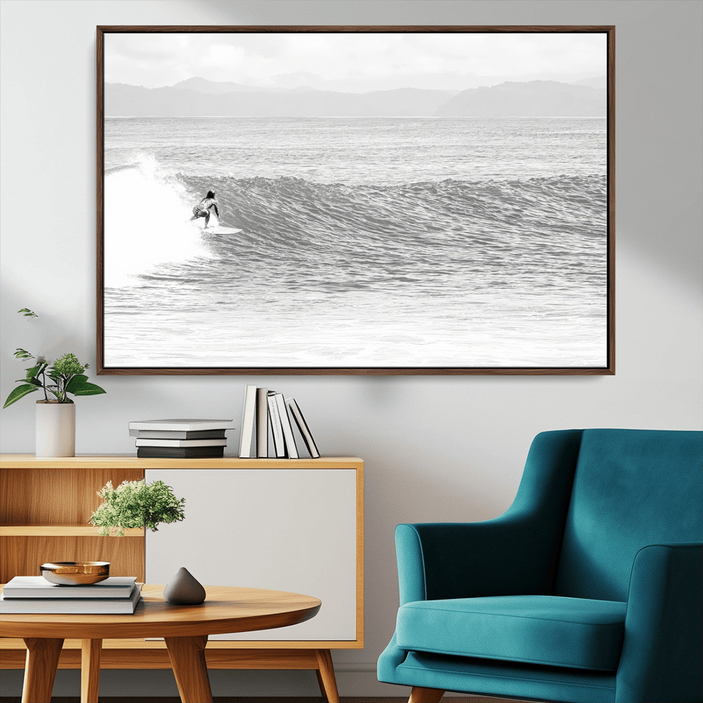 81535128-MGV-FC-36X24_Walnut-Surfer Woman Wall Art Canvas Print, Framed Black Ocean Art Picture Print, Ocean Surfing Perfect Monochrome Coastal Decor Artwork