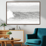 81535128-MGV-FC-36X24_Walnut-Surfer Woman Wall Art Canvas Print, Framed Black Ocean Art Picture Print, Ocean Surfing Perfect Monochrome Coastal Decor Artwork