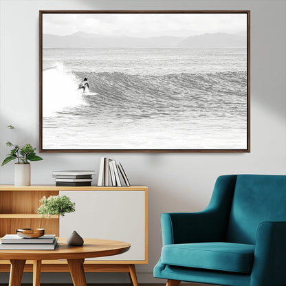 81535128-MGV-CV-36X24-Surfer Woman Wall Art Canvas Print, Framed Black Ocean Art Picture Print, Ocean Surfing Perfect Monochrome Coastal Decor Artwork