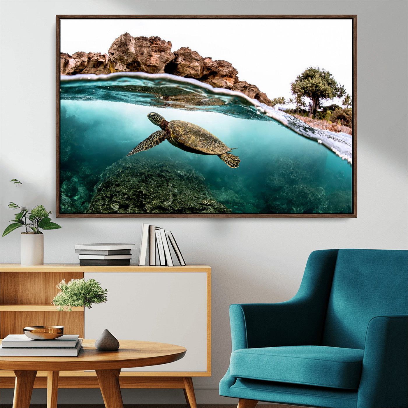 44200301-MGV-CV-36X24-Sea Turtle Swim Wall Art Canvas Print, Framed Ocean Life Art Picture Print, Tropical Shoreline Perfect Tropical Coastal Decor