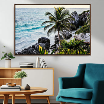 94669907-MGV-CV-36X24-Tropical Coastline Wall Art Canvas Print, Framed Palm Tree Art Picture Print, Rocky Beach Perfect Tropical Coastal Decor Artwork