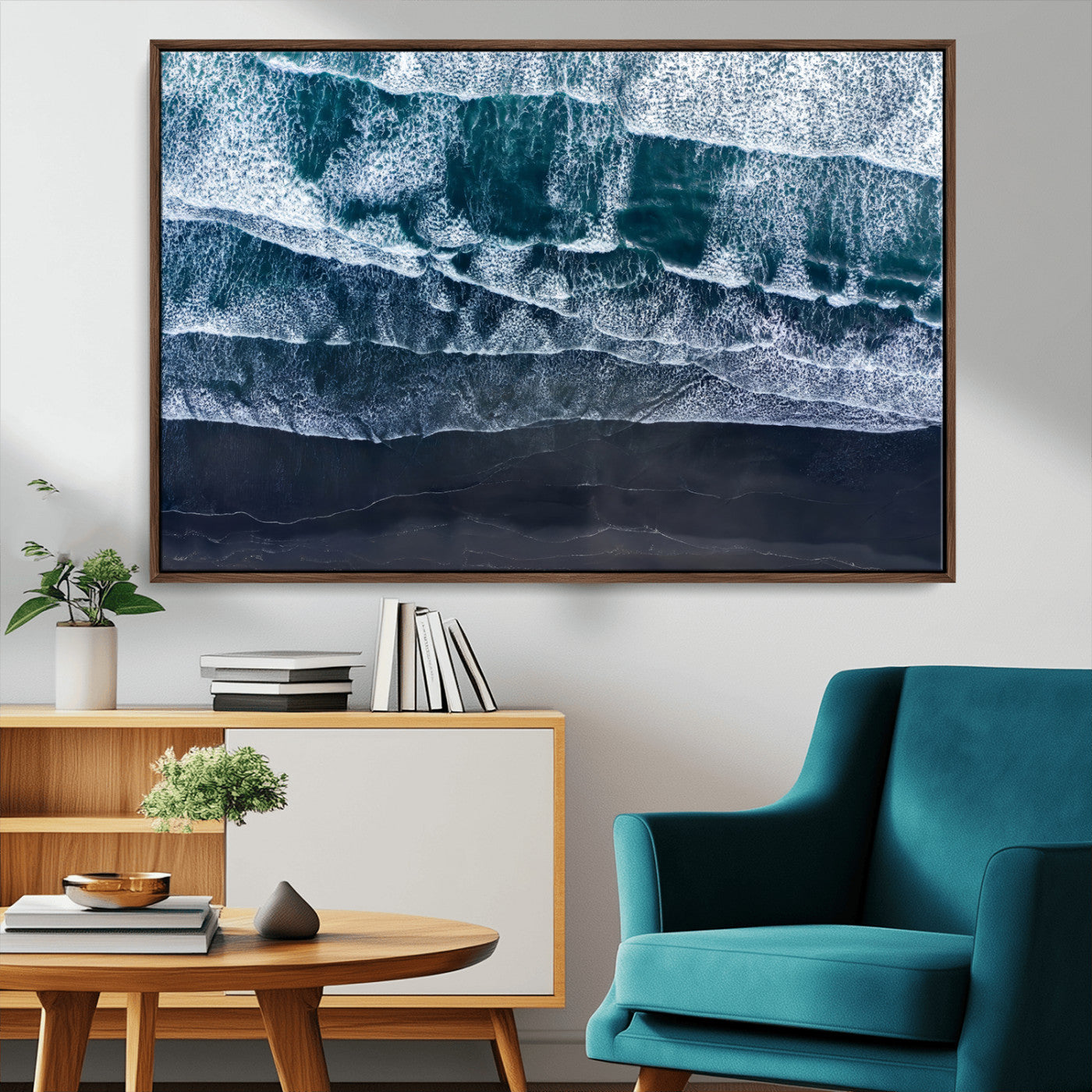 87941475-MGV-CV-36X24-Black Beach Wall Art Canvas Print, Framed Aerial Ocean Art Picture Print, Moody Coastal Perfect Modern Coastal Decor Artwork