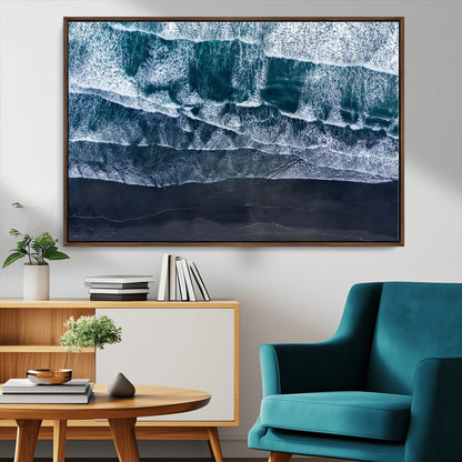 87941475-MGV-CV-36X24-Black Beach Wall Art Canvas Print, Framed Aerial Ocean Art Picture Print, Moody Coastal Perfect Modern Coastal Decor Artwork