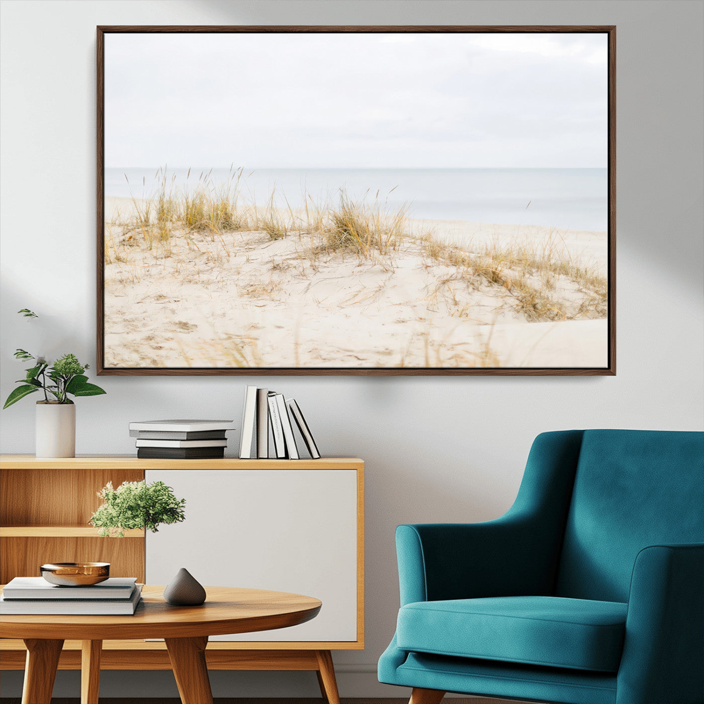 13146857-MGV-CV-36X24-Beach Dunes Wall Art Canvas Print, Framed Soft Horizon Art Picture Print, Coastal Grass Perfect Minimalist Coastal Decor Artwork