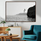 52284302-MGV-CV-36X24-Cliff Jumping Wall Art Canvas Print, Framed Ocean Adventure Art Picture Print, Black White Coast Perfect Modern Coastal Decor