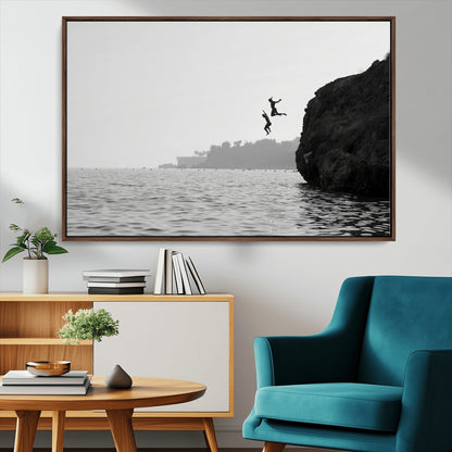 52284302-MGV-CV-36X24-Cliff Jumping Wall Art Canvas Print, Framed Ocean Adventure Art Picture Print, Black White Coast Perfect Modern Coastal Decor
