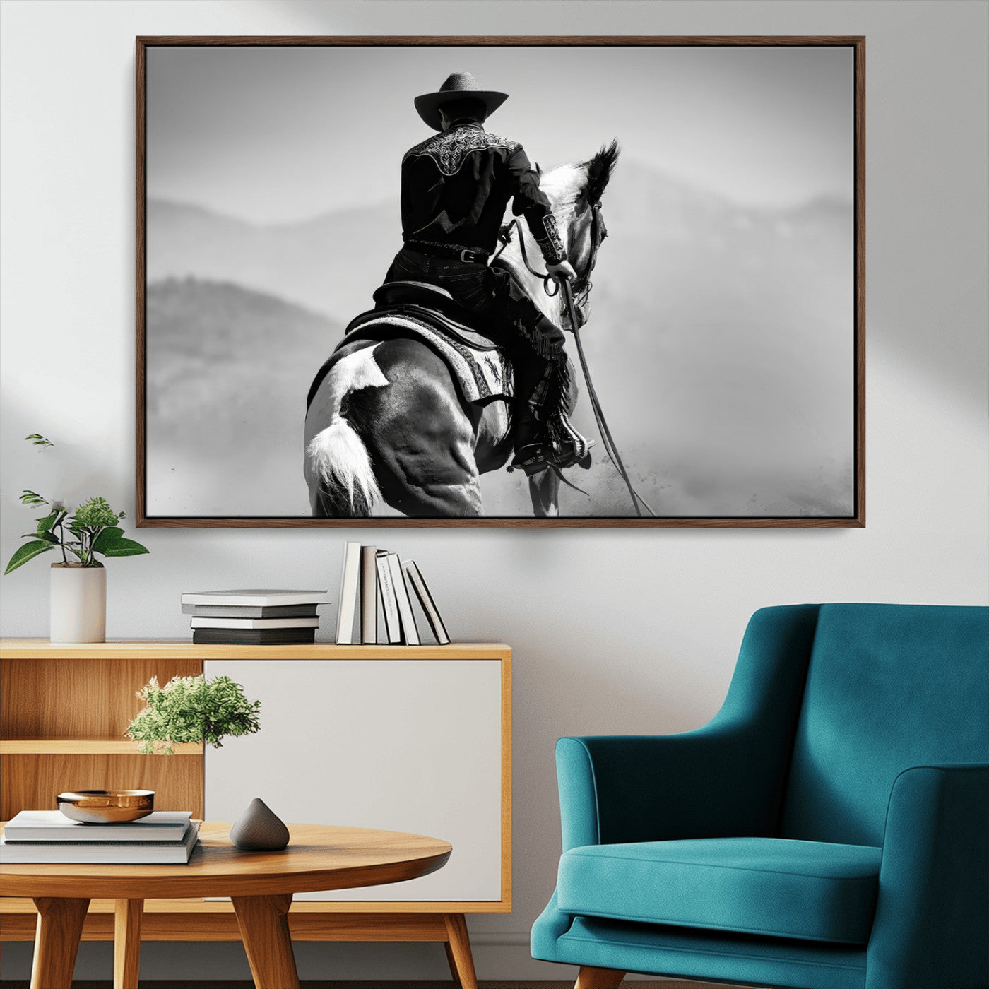 83102464-MGV-CV-36X24-Western Cowboy Wall Art Canvas Print, Framed Monochrome Horse Art Picture Print, Western Equestrian Perfect Rustic Western Decor