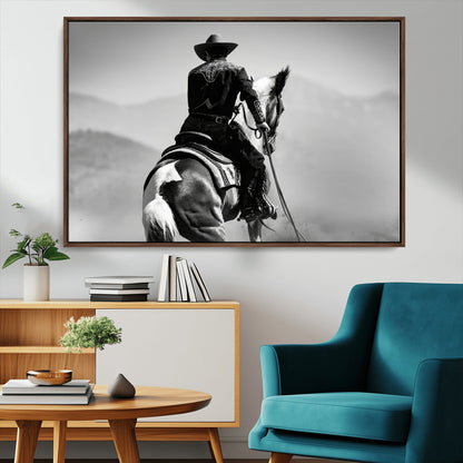 83102464-MGV-CV-36X24-Western Cowboy Wall Art Canvas Print, Framed Monochrome Horse Art Picture Print, Western Equestrian Perfect Rustic Western Decor