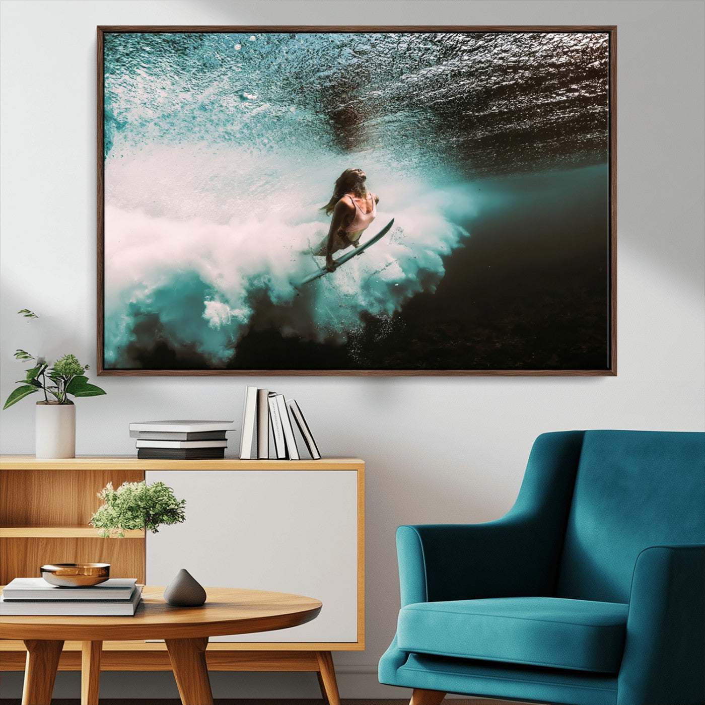 85923512-MGV-CV-36X24-Aquatic Motion Wall Art Canvas Print, Framed Underwater Swimming Art Picture Print, Female Surfer Diving Perfect Coastal Boho