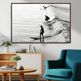 19875284-MGV-CV-36X24-Surfer Waves Wall Art Canvas Print, Framed Black White Surf Art Picture Print, Monochrome Ocean Perfect Modern Coastal Decor