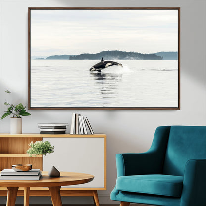 10157174-MGV-CV-36X24-Orca Whale Wall Art Canvas Print, Framed Black White Whale Art Picture Print, Minimalist Ocean Perfect Coastal Minimalist Decor