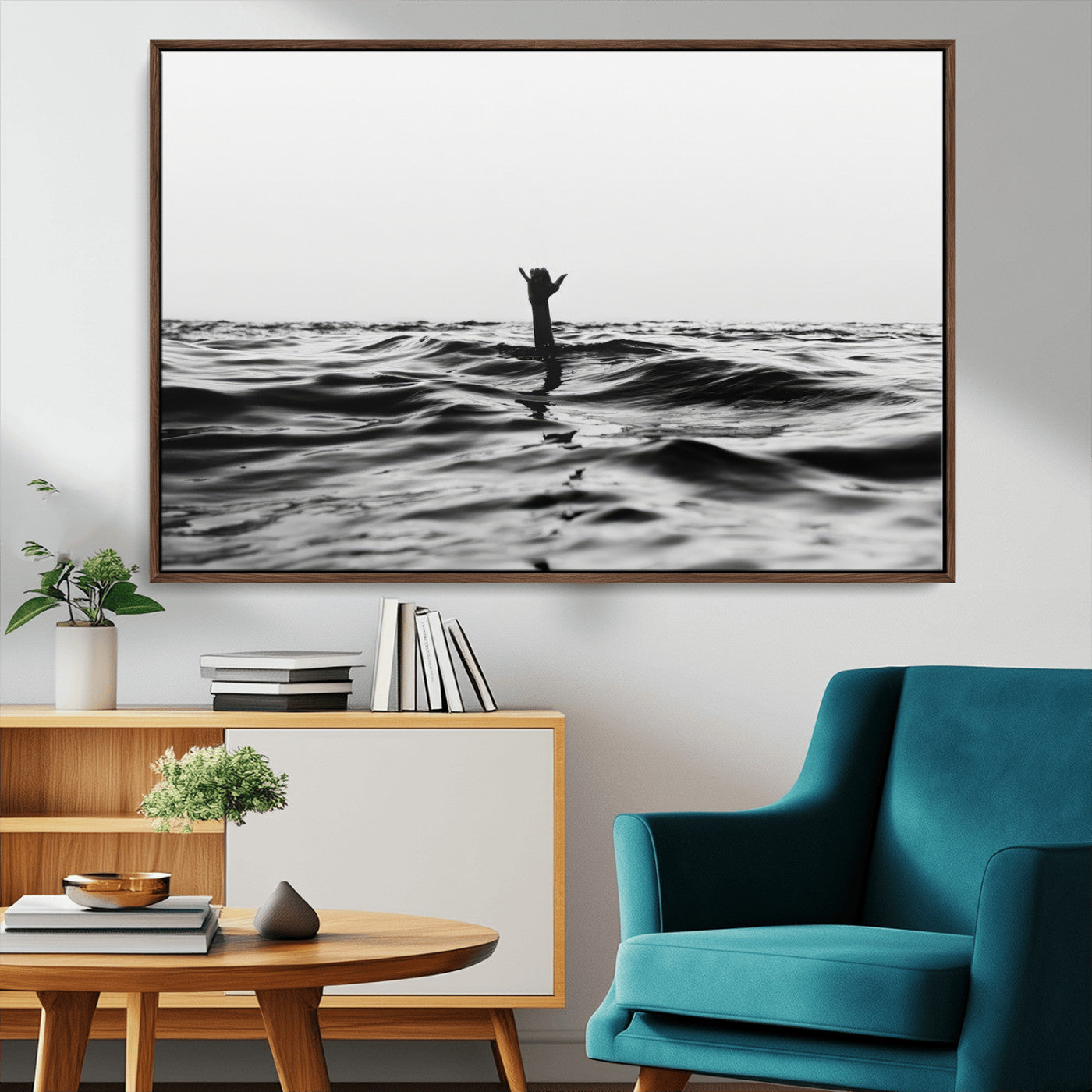 69541918-MGV-CV-36X24-Black White Ocean Wall Art Canvas Print, Framed Moody Seascape Art Picture Print, Surfer Sign Perfect Moody Minimalist Decor
