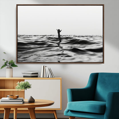 69541918-MGV-CV-36X24-Black White Ocean Wall Art Canvas Print, Framed Moody Seascape Art Picture Print, Surfer Sign Perfect Moody Minimalist Decor