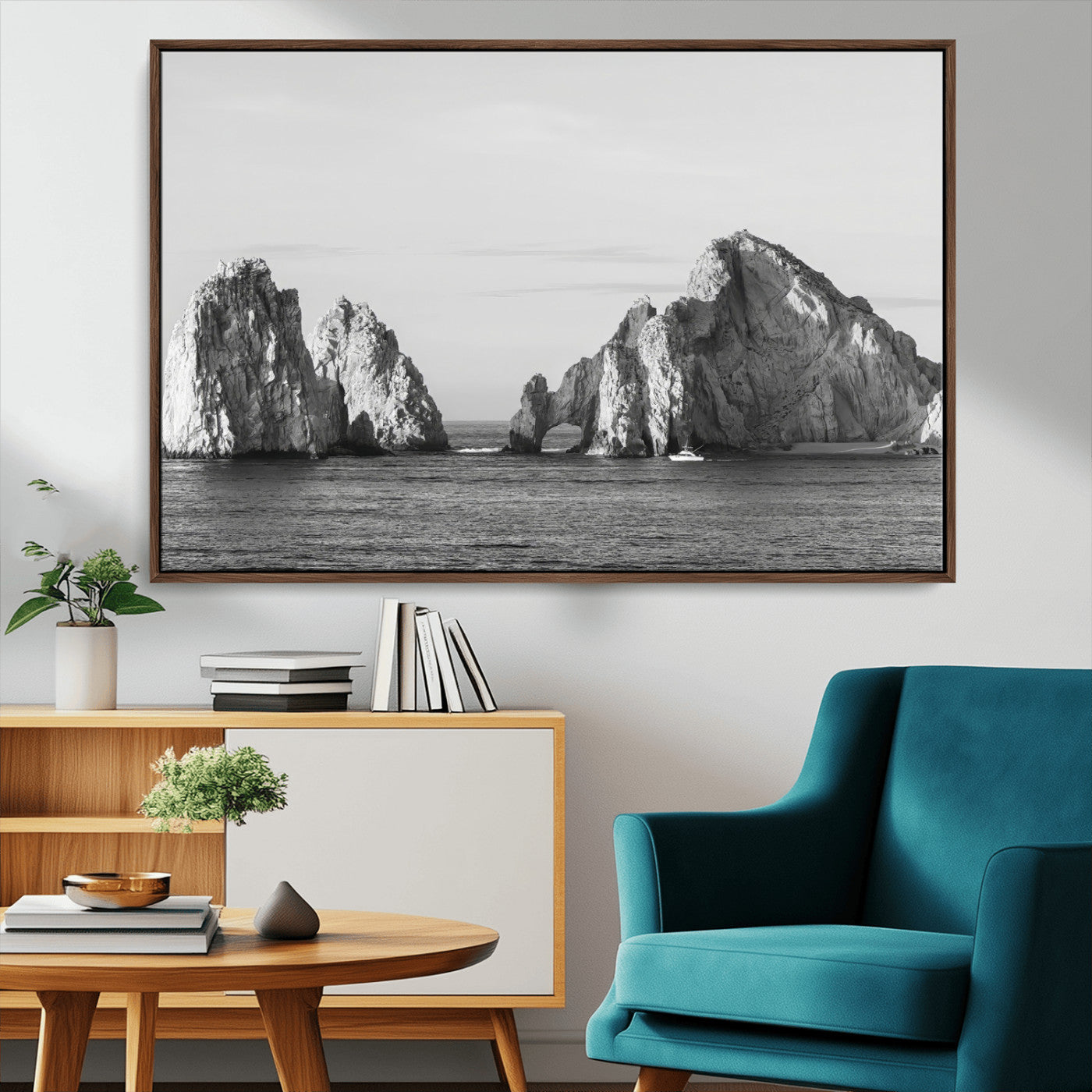 18810731-MGV-CV-36X24-Rugged Coastline Wall Art Canvas Print, Framed Ocean Cliffs Art Picture Print, Monochrome Seascape Perfect Coastal Minimalist
