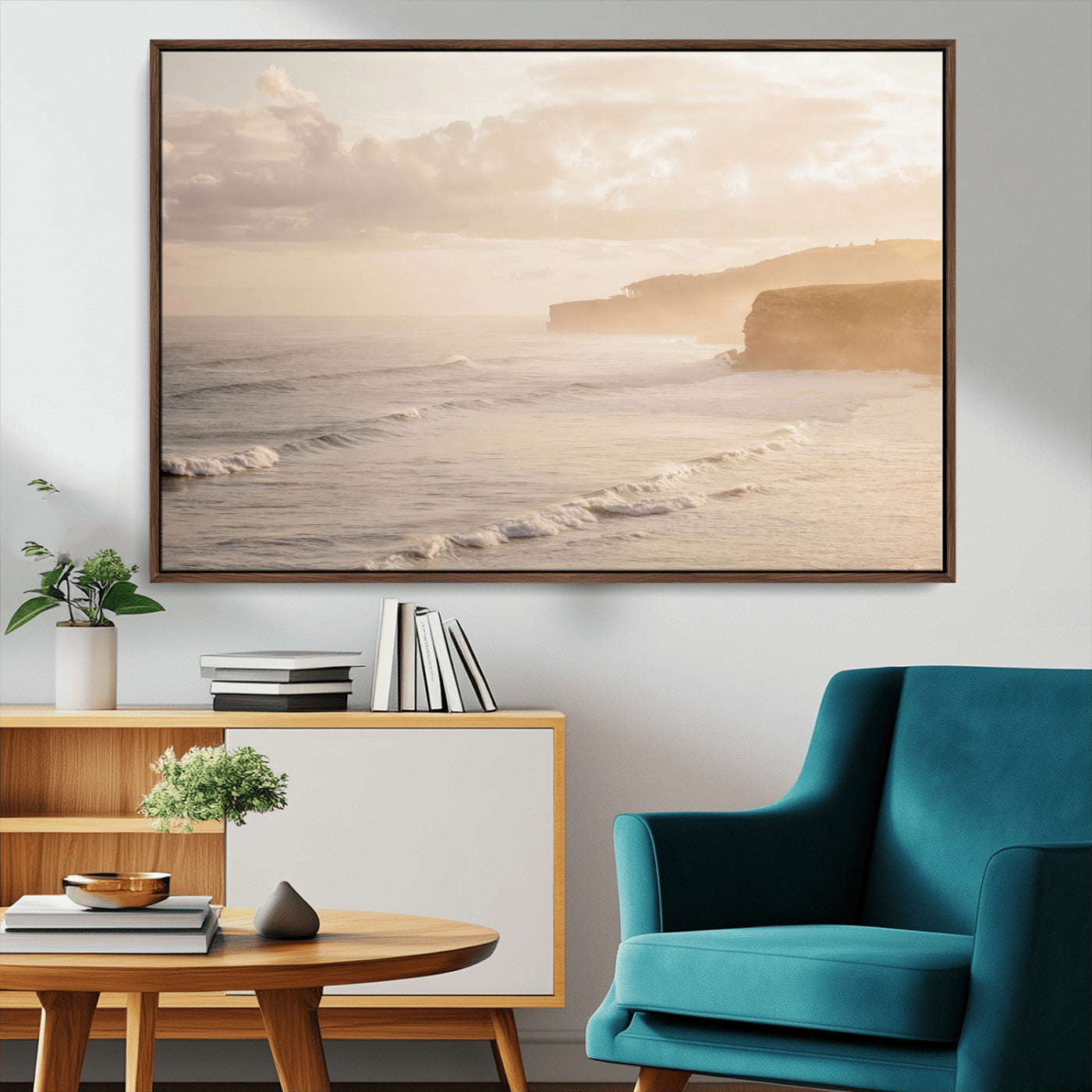 57669769-MGV-CV-36X24-Misty Coastal Wall Art Canvas Print, Framed Golden Sunset Art Picture Print, Serene Shoreline Perfect Tranquil Coastal Decor