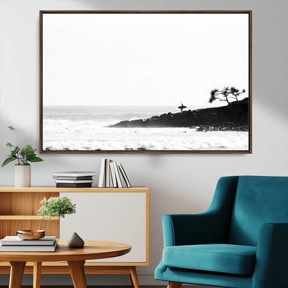 40875891-MGV-CV-36X24-SurferCliffs Wall Art Canvas Print, Framed Black White Beach Art Picture Print, Ocean Waves Perfect Minimalist Coastal Decor