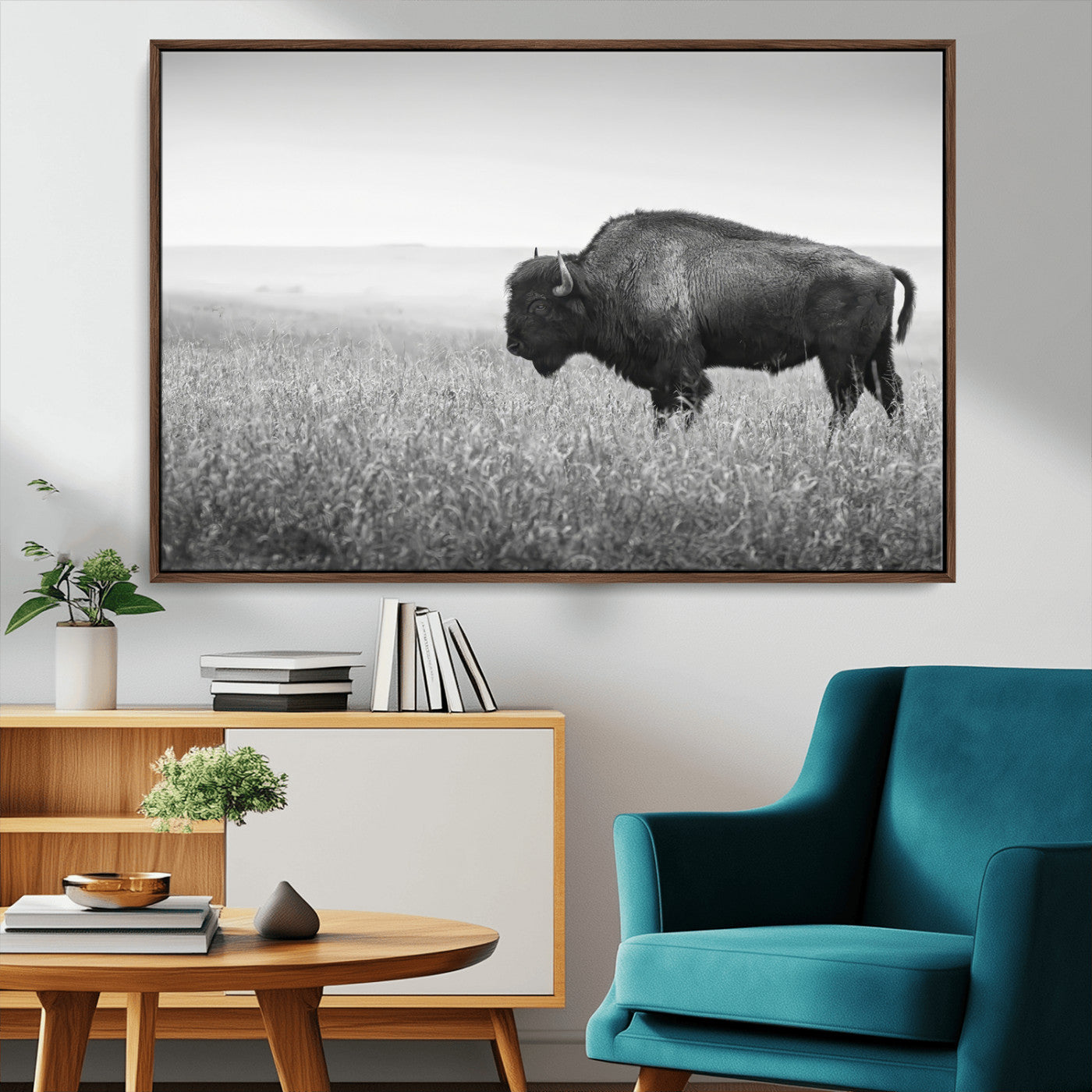 28435251-MGV-CV-36X24-Bison In Prairie Wall Art Canvas Print, Framed Rustic Wildlife Art Picture Print, Wild Buffalo Perfect Rustic Western Decor