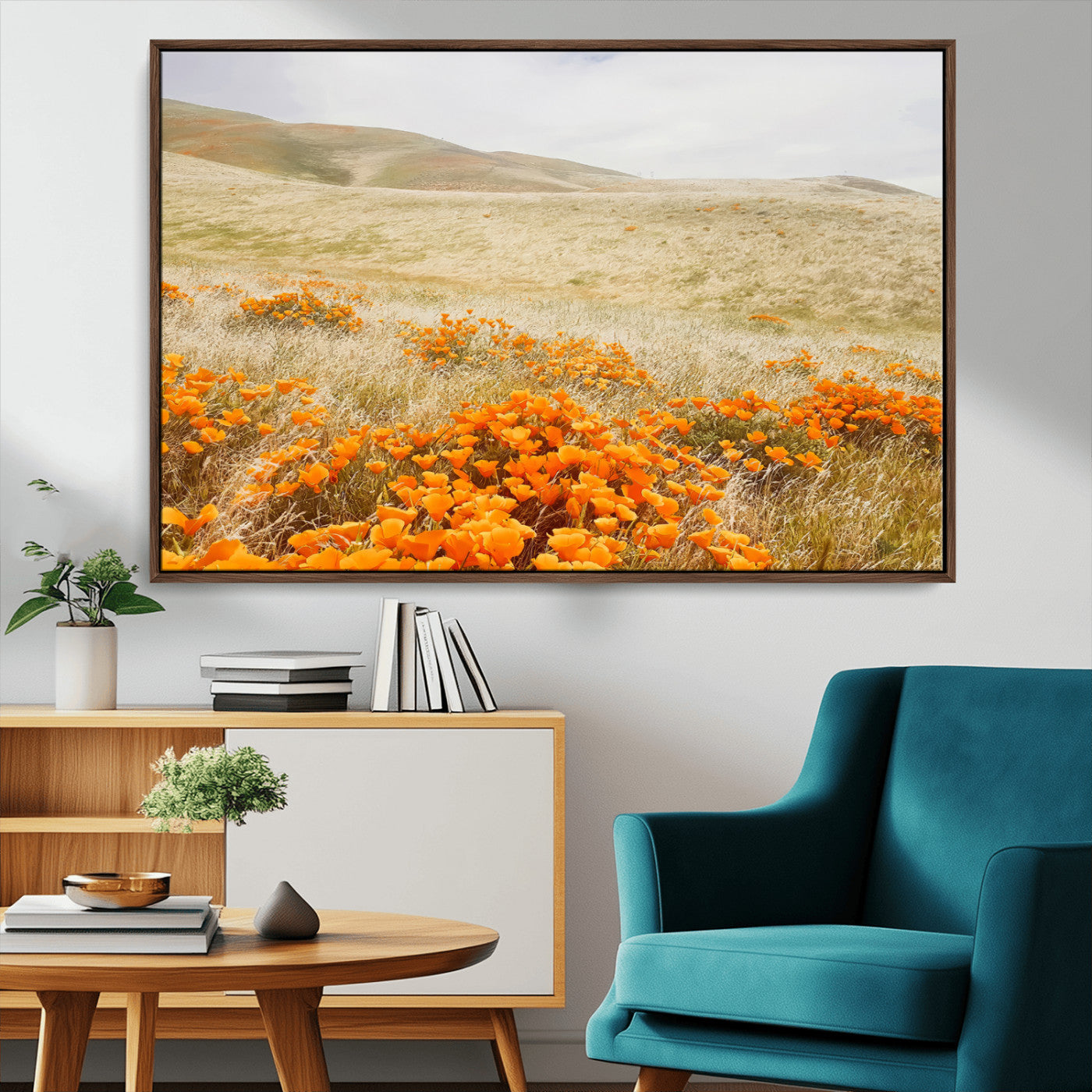 28972262-MGV-CV-36X24-Golden Wildflowers Wall Art Canvas Print, Framed Hills Bloom Art Picture Print, Poppy Meadow Perfect Rustic Nature Decor Artwork