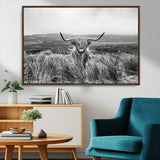 24051061-MGV-CV-36X24-Monochrome Highland Cow Wall Art Canvas Print, Framed Scottish Bull Art Picture Print, Lone Cattle Perfect Rustic Farmhouse Decor