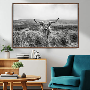 24051061-MGV-CV-36X24-Monochrome Highland Cow Wall Art Canvas Print, Framed Scottish Bull Art Picture Print, Lone Cattle Perfect Rustic Farmhouse Decor