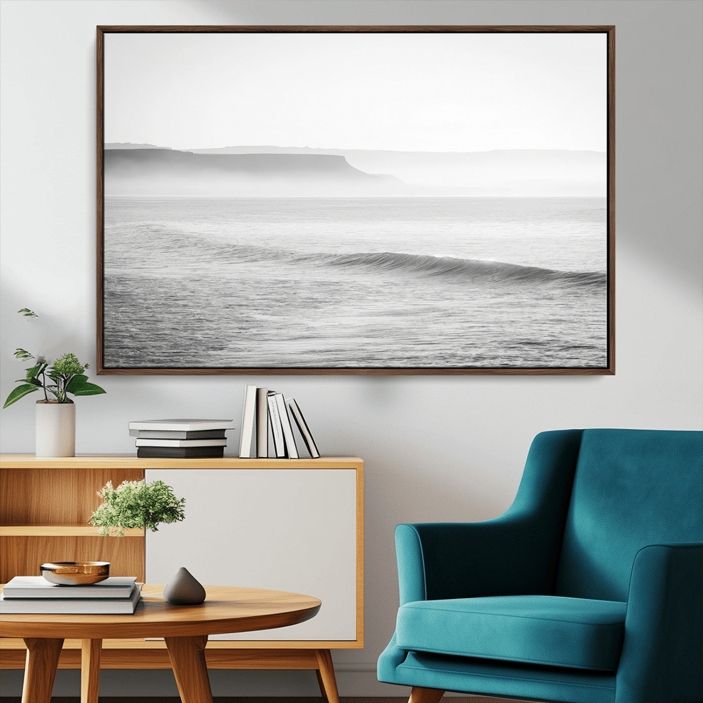 60635783-MGV-FC-36X24_Walnut-Black White Seascape Wall Art Canvas Print, Framed Ocean Waves Art Picture Print, Misty Coastal Perfect Minimalist Coastal Decor