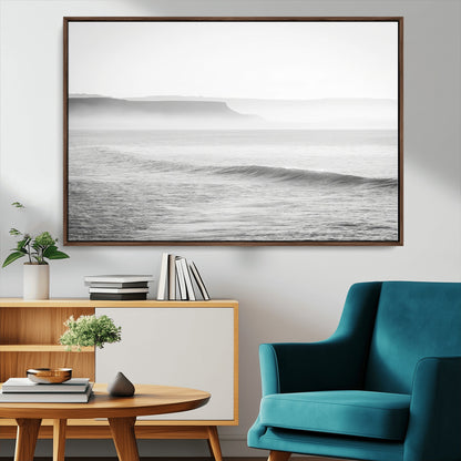 60635783-MGV-CV-36X24-Black White Seascape Wall Art Canvas Print, Framed Ocean Waves Art Picture Print, Misty Coastal Perfect Minimalist Coastal Decor