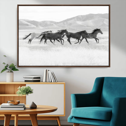 69934913-MGV-CV-36X24-Wild Horses Running Wall Art Canvas Print, Framed Black White Mustangs Art Picture Print, Rustic Western Perfect Rustic Western