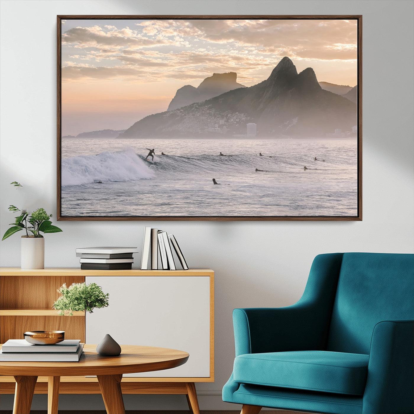 70644906-MGV-CV-36X24-Sunset Surfing Wall Art Canvas Print, Framed Misty Mountains Art Picture Print, Surfer Riding Wave Perfect Coastal Adventure Decor