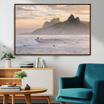 70644906-MGV-CV-36X24-Sunset Surfing Wall Art Canvas Print, Framed Misty Mountains Art Picture Print, Surfer Riding Wave Perfect Coastal Adventure Decor