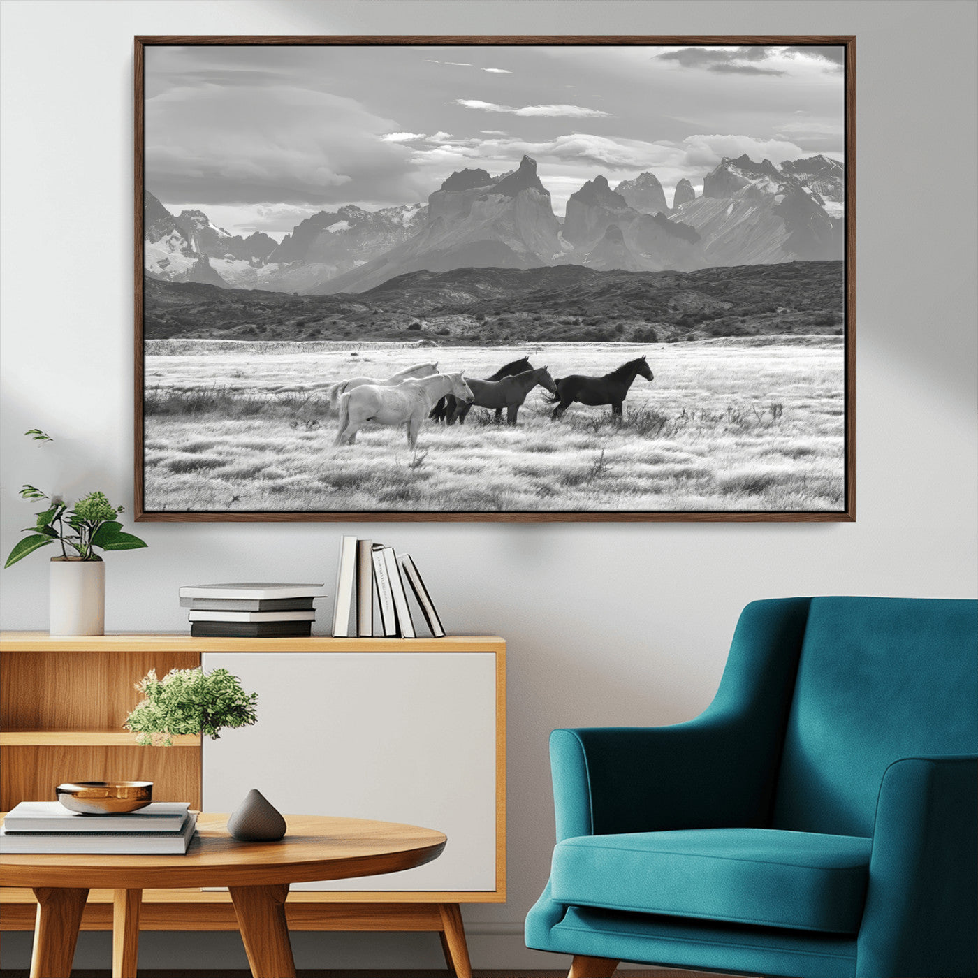 21655040-MGV-CV-36X24-Wild Horses Wall Art Canvas Print, Framed Black White Mountains Art Picture Print, Rustic Countryside Perfect Rustic Western Decor
