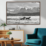 21655040-MGV-CV-36X24-Wild Horses Wall Art Canvas Print, Framed Black White Mountains Art Picture Print, Rustic Countryside Perfect Rustic Western Decor
