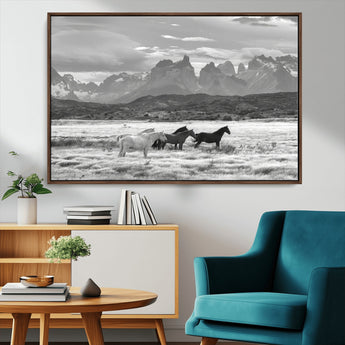 21655040-MGV-CV-36X24-Wild Horses Wall Art Canvas Print, Framed Black White Mountains Art Picture Print, Rustic Countryside Perfect Rustic Western Decor