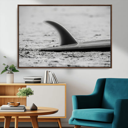 62314230-MGV-CV-36X24-Black White Surfboard Wall Art Canvas Print, Framed Minimalist Beach Art Picture Print, Surf Fin Perfect Minimalist Coastal Decor