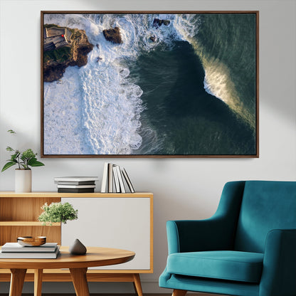 37405684-MGV-CV-36X24-Nazaré Coast Wall Art Canvas Print, Framed Aerial Ocean Art Picture Print, Coastal Fortress Perfect Dramatic Coastal Decor Artwork