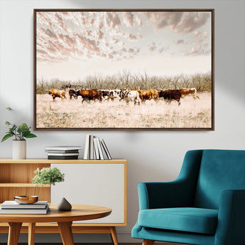 64892775-MGV-CV-36X24-Longhorn Cattle Wall Art Canvas Print, Framed Texas Ranch Art Picture Print, Western Cow Perfect Western Decor Artwork