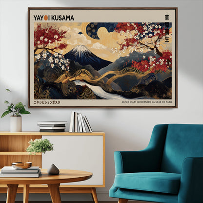 54967195-MGV-CV-36X24-Mount Fuji Wall Art – Japanese Cherry Blossom Abstract Canvas Print, Navy Gold Landscape Painting, Oriental Luxury Home Decor