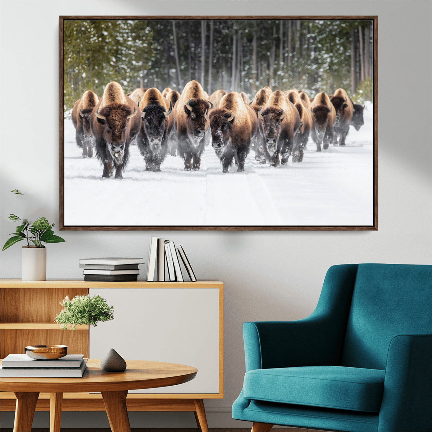 22695857-MGV-CV-36X24-Bison Herd Scene Wall Art Canvas Print, Framed Western Wildlife Art Picture Print, Rustic Animal Art Perfect Rustic Lodge Decor